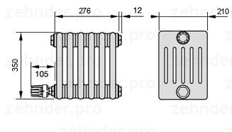 Схема (чертеж) Радиатор Zehnder Charleston 6035/6 №V003 Белый глянцевый RAL 9016